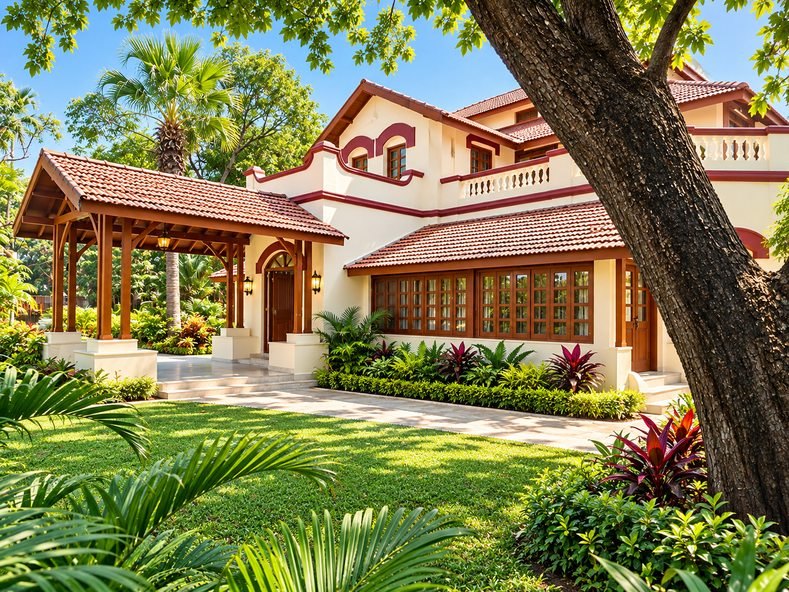 Digitally restored heritage bungalow with tiled roof and tropical garden